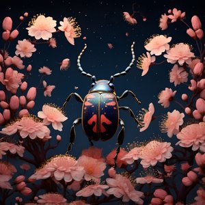 An Illustration of an Illustrated Beetle with Mushrooms in the Background 2