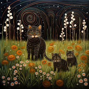 A Cat Nursing Her Kittens in Tall Green Grass in Front of the House 1