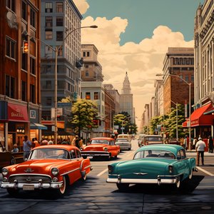 A City in the 50s with Red Cars 2