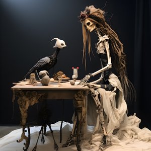 A Large Doll on a Table with a Skeleton on It 3