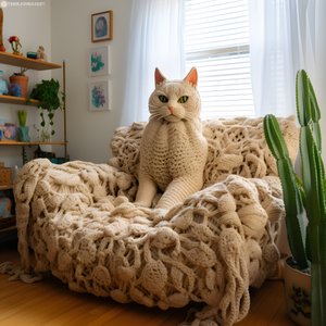 A Giant Crocheted Cat in a Realistic Living Room 3