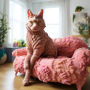 A Giant Crocheted Cat in a Realistic Living Room 4