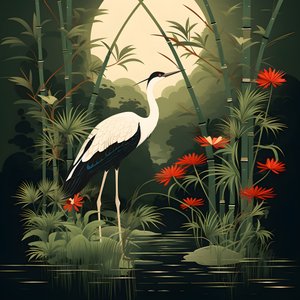 A Beautiful Japanese Illustration of a Crane and Bamboo 1 by Kurt Heppke