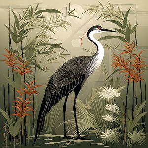A Beautiful Japanese Illustration of a Crane and Bamboo 3