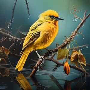 Yellow Bird on a Branch in Water 1