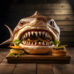 Large Shark Head Cheeseburger with Beef on Wooden Board 2 by Kurt Heppke