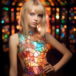 Pretty Blonde Girl Aged 14 Wearing a Colorful Tiffany Stained Glass Dress 1