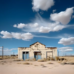Hyperrealistic Photographic Image of an Old Weathered Warehouse with Faded Paint and Boarded-Up Windows 2