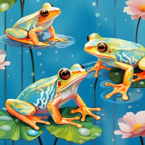 Seamless pattern of a painting of pretty orange and yellow cartoon frogs sitting on lily foliage on the water in watercolor rain 2 by Kurt Heppke
