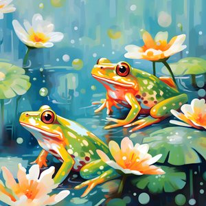 Seamless pattern of a painting of pretty orange and yellow cartoon frogs sitting on lily foliage on the water in watercolor rain 3