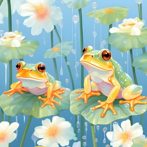 Seamless pattern of a painting of pretty orange and yellow cartoon frogs sitting on lily foliage on the water in watercolor rain 4