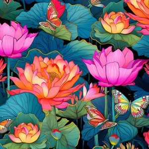 Seamless Pattern of Lotus Flowers and Butterflies 3