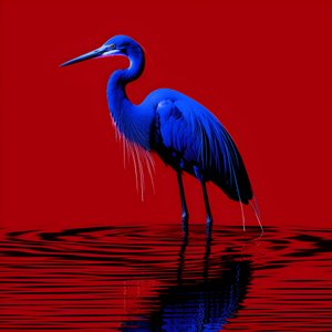 Synthwave Digital Fine Art Piece of an Exotic Cobalt Blue Egret on Red Paper 2 by Kurt Heppke
