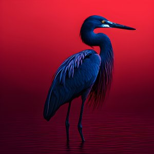 Synthwave Digital Fine Art Piece of an Exotic Cobalt Blue Egret on Red Paper 3