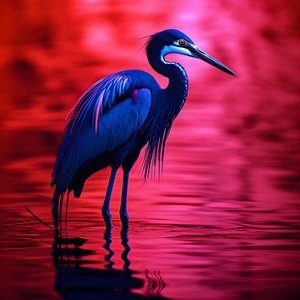Synthwave Digital Fine Art Piece of an Exotic Cobalt Blue Egret on Red Paper 4