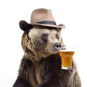 A Bear with a Top Hat and a Beer Mug Facing and in Profile on a White Background 4