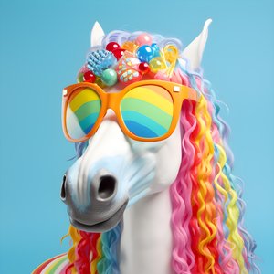 White Horse with Rainbow Glasses on Blue Background 4