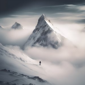 Two People Skiing Over a Cloudy Mountain 1