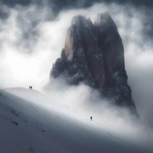 Two People Skiing Over a Cloudy Mountain 3