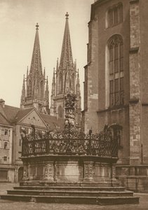 Regensburg, The Fountain (1721) in the Neupfarr Platz, and Cathedral