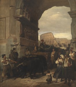 Roman Workmen Transporting an Antique Imperial Statue from the Colosseum through the Arch of Titus to the Capitoline Museums