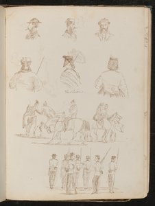 Four Studies of Male Busts, Two of a Woman with Parasol, Study of Group of Men and Woman on Horseback, Study of Group of Soldiers by Lady Butler