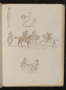 Soldier in full uniform, studies of a youth with fishing rod on horseback, four men on horseback inscribed 