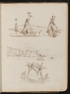 Three studies of rocky islands, a watery landscape with people and boats, and palm trees