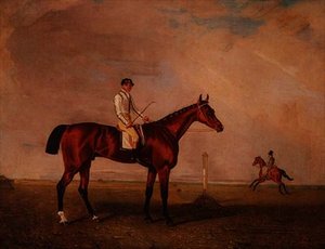 Bay Racehorse with Jockey on a Racecourse by Lambert Marshall