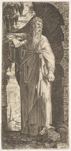 St. Paul standing under an overgrown arch, his left foot poised upon a rock, his right hand raised, 1545