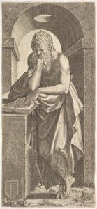 St. Simon standing before an open book with the fingers of his left hand pressed onto the, 1545 by Lambert Suavius