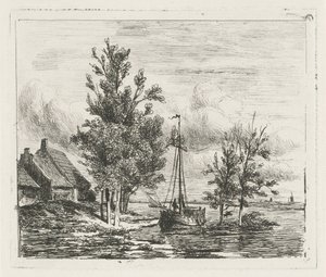 River Landscape with Sailboat and Farm