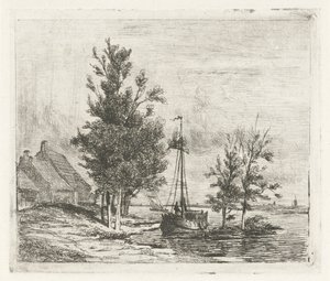 River Landscape with Sailboat and Farm