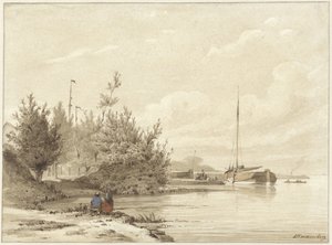 Landscape with Moored Boats on a Riverbank