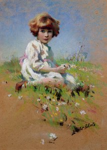Marjorie - a Girl Picking Daisies by Lancelot Roberts