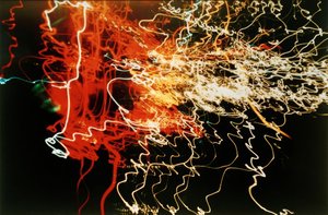 Untitled (Auto headlights white, orange and red, traffic squiggles) by Laszlo Moholy Nagy