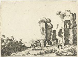 Man leaning on a stick in front of ruins (Landscapes with ancient Roman buildings)