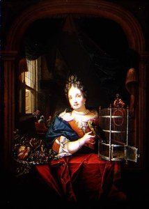 Portrait of a Woman holding a Parrot by Laureys Goubau