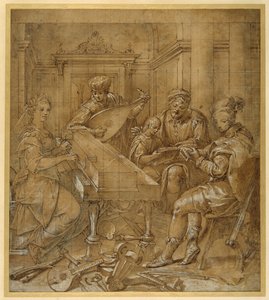 An allegory of music: Fame at the virginals; two young lutenists seated; a bearded elder teaches a boy to follow a score by Lavinia Fontana