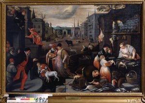 February. Market scene during the Carnival. Symbol of the sign of Pisces in the sky. by Leandro da Ponte Bassano