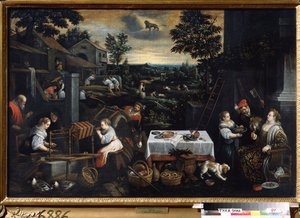 July. Farm work, the property owner tasting the orchard fruits, peasants working in the fields (threshing wheat with a flail). Symbol of the sign of Leo in the sky. by Leandro da Ponte Bassano