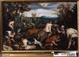 October (Field Work. Peasants Planting Trees. Symbol of the Scorpio in the Sky)