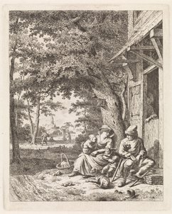 Family with Dog Sitting in Front of a House