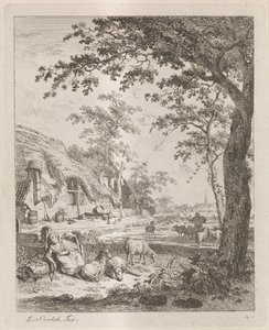 Shepherdess with Sheep in Front of a Farmhouse