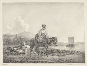 Woman on a Donkey in a Landscape (series title: Six Stone Drawings by L. de Koningh)