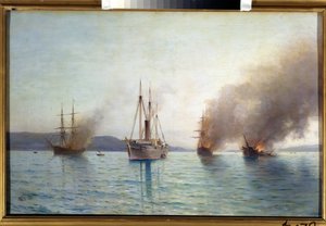 Russian Torpedo Boat Tender Grand Duke Konstantin Destroying The Turkish Ships at Bosphorus in 1877