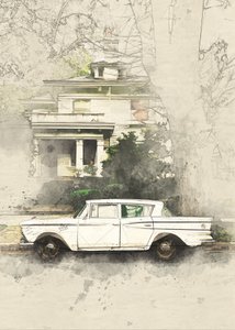 Car Old House Sketch by Lembayung senja studio [Vintage Poster]