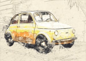 Yellow Old Car by Lembayung senja studio [Vintage Poster]