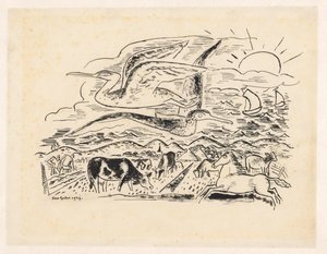 Two Birds Flying Over a Landscape with Cattle