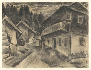 Village Scene with Man and Cow on Village Road